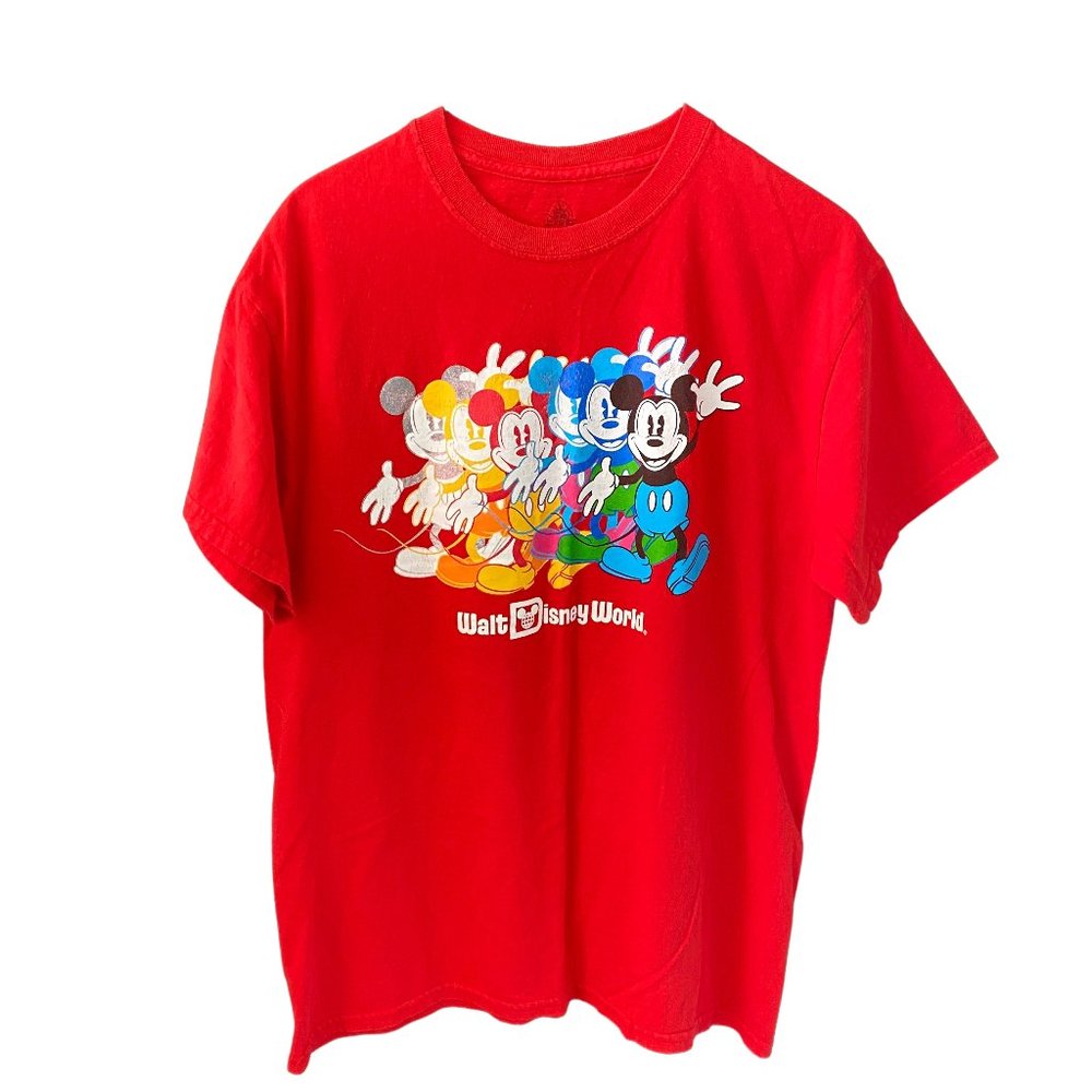 Walt Disney World Disney Store Red Multicolored Rainbow Multi Mickey Tshirt M